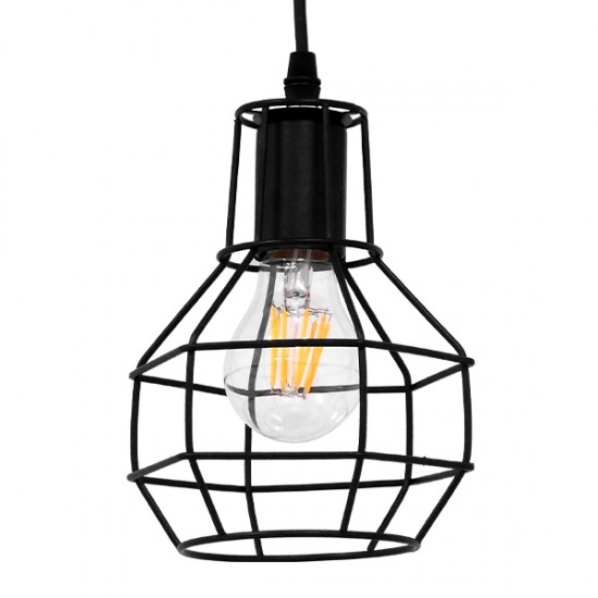 GloboStar® CAGE BLACK 01017 Vintage Industrial Κρεμαστό Φωτιστικό Οροφής Μονόφωτο Μαύρο Μεταλλικό Πλέγμα Φ15 x Y20cm