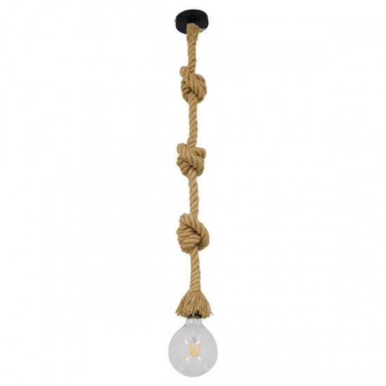 GloboStar® ROPE 01018 Vintage Industrial Κρεμαστό Φωτιστικό Οροφής Μονόφωτο 1 x E27 με 2 μέτρα Μπεζ Σχοινί Φ3.5 x Y200cm