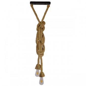 GloboStar® ROPE 01019 Vintage Industrial Κρεμαστό Φωτιστικό Οροφής Δίφωτο 2 x E27 με 2 μέτρα Μπεζ Σχοινί Φ3.5 x Y200cm