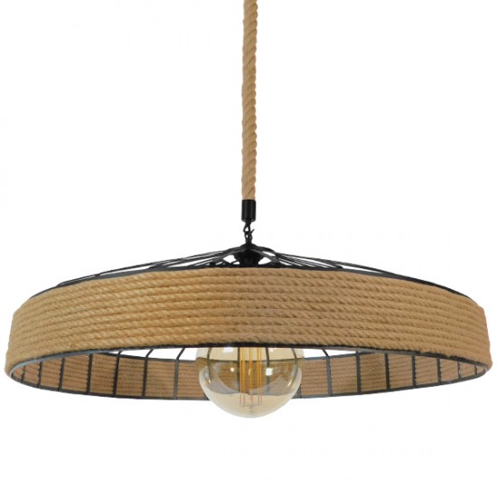 GloboStar® SAHARA 01416 Vintage Κρεμαστό Φωτιστικό Οροφής Μονόφωτο 1 x E27 Μαύρο Μεταλλικό με Μπεζ Σχοινί Φ80 x Υ25cm GloboStar® SAHARA 01416 Vintage Κρεμαστό Φωτιστικό Οροφής Μονόφωτο 1 x E27 Μαύρο Μεταλλικό με Μπεζ Σχοινί Φ80 x Υ25cm