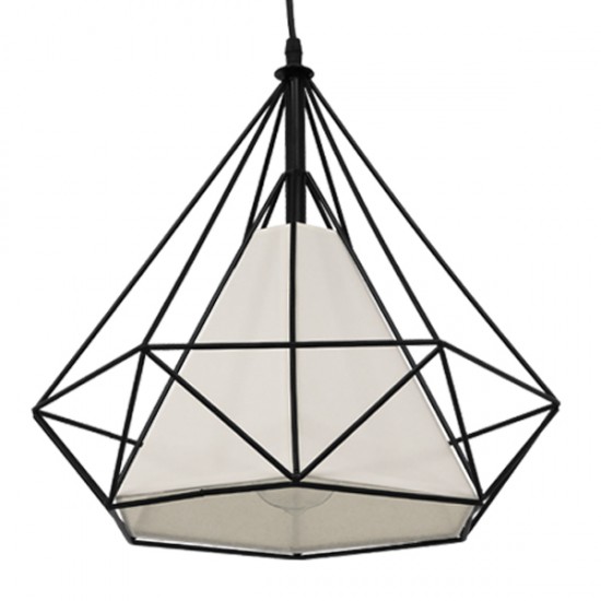 GloboStar® KAIRI 01618 Μοντέρνο Industrial Κρεμαστό Φωτιστικό Οροφής Μονόφωτο 1 x E27 Μαύρο με Άσπρο Ύφασμα Μεταλλικό Πλέγμα Φ38 x Υ39cm
