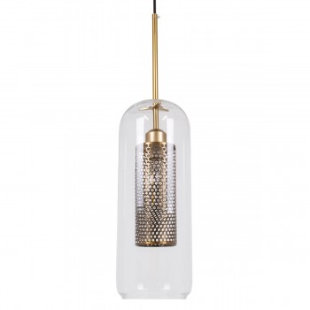 GloboStar® AVERY 00741 Μοντέρνο Κρεμαστό Φωτιστικό Οροφής Μονόφωτο 1 x E27 Διάφανο Γυάλινο με Χρυσό Μεταλλικό Πλέγμα Φ15 x Υ60cm