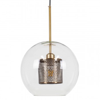 GloboStar® AVERY 00740 Μοντέρνο Κρεμαστό Φωτιστικό Οροφής Μονόφωτο 1 x E27 Διάφανο Γυάλινο με Χρυσό Μεταλλικό Πλέγμα Φ30 x Υ48cm