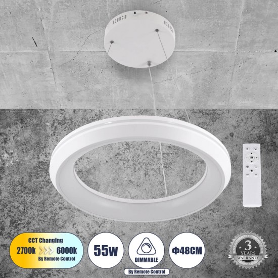 GloboStar® MELINA 61044 Κρεμαστή Πλαφονιέρα Οροφής Κύκλος LED CCT 55W 6376lm 120° AC 220-240V - Εναλλαγή Φωτισμού μέσω Τηλεχειριστηρίου All In One Ψυχρό Λευκό 6000k+Φυσικό Λευκό 4500k+Θερμό Λευκό 2700k Dimmable Φ48cm - Λευκό - 3 Years Warranty GloboStar® MELINA 61044 Κρεμαστή Πλαφονιέρα Οροφής Κύκλος LED CCT 55W 6376lm 120° AC 220-240V - Εναλλαγή Φωτισμού μέσω Τηλεχειριστηρίου All In One Ψυχρό Λευκό 6000k+Φυσικό Λευκό 4500k+Θερμό Λευκό 2700k Dimmable Φ48cm - Λευκό - 3 Years Warranty