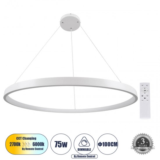 GloboStar® NEMESIS 61165 Κρεμαστό Φωτιστικό Δαχτυλίδι-Κύκλος LED CCT 75W 8743lm 360° AC 220-240V - Εναλλαγή Φωτισμού μέσω Τηλεχειριστηρίου All In One Ψυχρό 6000k+Φυσικό 4500k+Θερμό 2700k Dimmable Φ100cm - Λευκό - 3 Years Warranty GloboStar® NEMESIS 61165 Κρεμαστό Φωτιστικό Δαχτυλίδι-Κύκλος LED CCT 75W 8743lm 360° AC 220-240V - Εναλλαγή Φωτισμού μέσω Τηλεχειριστηρίου All In One Ψυχρό 6000k+Φυσικό 4500k+Θερμό 2700k Dimmable Φ100cm - Λευκό - 3 Years Warranty