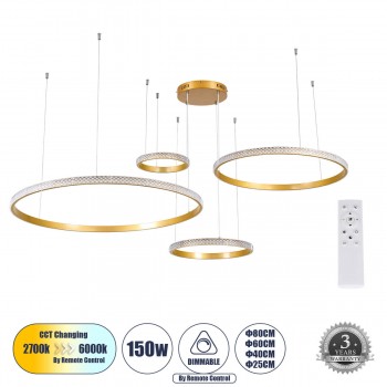 GloboStar® DIAMOND TETRA 61149 Κρεμαστό Φωτιστικό Δαχτυλίδι-Κύκλος LED CCT 150W 18379lm 360° AC 220-240V - Εναλλαγή Φωτισμού μέσω Τηλεχειριστηρίου All In One Ψυχρό 6000k+Φυσικό 4500k+Θερμό 2700k Dimmable Φ25+40+60+80cm - Χρυσό Βούρτσας - 3 Years Warranty