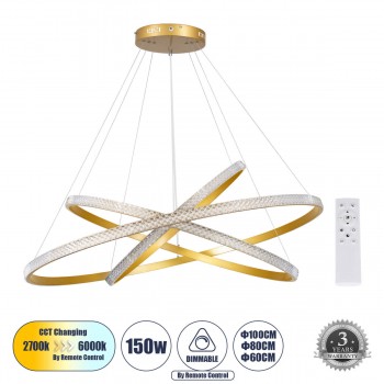 GloboStar® DIAMOND TRIO 61141-DECO Κρεμαστό Φωτιστικό Δαχτυλίδι-Κύκλος LED CCT 150W 18379lm 360° AC 220-240V - Εναλλαγή Φωτισμού μέσω Τηλεχειριστηρίου All In One Ψυχρό 6000k+Φυσικό 4500k+Θερμό 2700k Dimmable Φ60+80+100cm - Χρυσό Βούρτσας - 3 Years Warrant