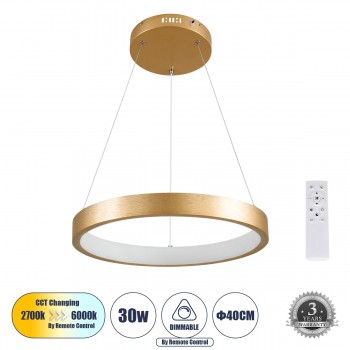 GloboStar® NEMESIS 61157 Κρεμαστό Φωτιστικό Δαχτυλίδι-Κύκλος LED CCT 30W 3513lm 360° AC 220-240V - Εναλλαγή Φωτισμού μέσω Τηλεχειριστηρίου All In One Ψυχρό 6000k+Φυσικό 4500k+Θερμό 2700k Dimmable Φ40cm - Χρυσό Βούρτσας - 3 Years Warranty