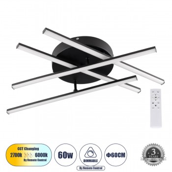 GloboStar® DRACO 61095 Φωτιστικό Οροφής Γραμμικό Linear Design LED CCT 60W 7380lm 120° AC 220-240V - Εναλλαγή Φωτισμού μέσω Τηλεχειριστηρίου All In One Ψυχρό 6000k+Φυσικό 4500k+Θερμό 2700k Dimmable Φ60 x Υ11cm - Μαύρο - 3 Years Warranty