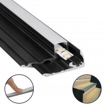 GloboStar® 70841-2M Προφίλ Αλουμινίου για Σκαλοπάτια Μαύρο με Λευκό Οπάλ Κάλυμμα για 1 Σειρά Ταινίας LED Πατητό - Press On 2 Μέτρα