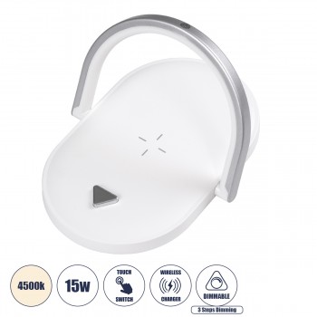 GloboStar® ECLIPSE 76559 Μοντέρνο Επιτραπέζιο Φωτιστικό Πορτατίφ LED 15W 1200lm 180° AC 230V - με Ασύρματη Φόρτιση - Wireless Charger - Διακόπτη Αφής με 3 Εντάσεις Φωτισμού Φυσικό Λευκό 4500K Dimmable - Μ17 x Π13 x Υ10 - Λευκό