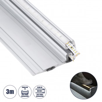 GloboStar® 70842-3M Προφίλ Αλουμινίου για Σκαλοπάτια Ανοδιωμένο με Λευκό Οπάλ Κάλυμμα Up / Down για 2 Σειρές Ταινίας LED Πατητό - Press On με Αντιολισθητικό Ελαστικό Σιλικόνης 3 Μέτρα