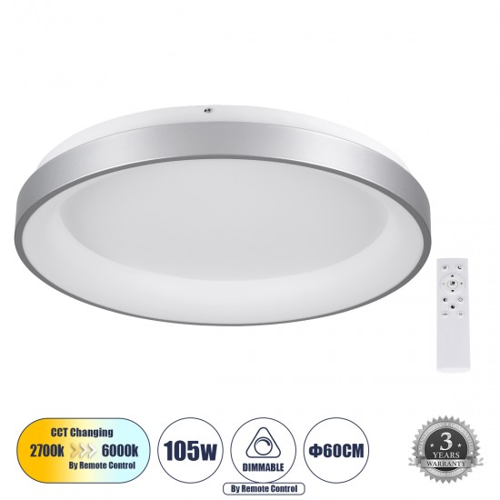 GloboStar® SALEM 61238 Πλαφονιέρα Οροφής Δαχτυλίδι-Κύκλος LED CCT 105W 12075lm 120° AC 220-240V - Εναλλαγή Φωτισμού μέσω Τηλεχειριστηρίου All In One Ψυχρό 6000k+Φυσικό 4500k+Θερμό 2700k Dimmable Φ60cm - Ασημί - 3 Years Warranty GloboStar® SALEM 61238 Πλαφονιέρα Οροφής Δαχτυλίδι-Κύκλος LED CCT 105W 12075lm 120° AC 220-240V - Εναλλαγή Φωτισμού μέσω Τηλεχειριστηρίου All In One Ψυχρό 6000k+Φυσικό 4500k+Θερμό 2700k Dimmable Φ60cm - Ασημί - 3 Years Warranty