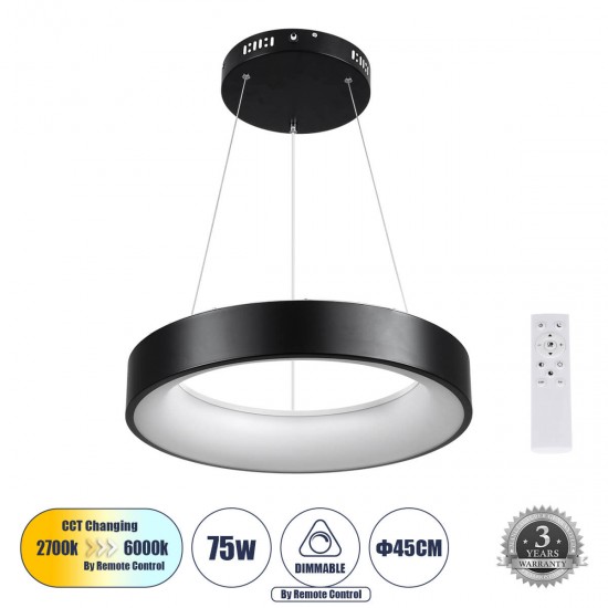 GloboStar® SALEM 61241 Κρεμαστή Πλαφονιέρα Οροφής Δαχτυλίδι-Κύκλος LED CCT 75W 8625lm 120° AC 220-240V - Εναλλαγή Φωτισμού μέσω Τηλεχειριστηρίου All In One Ψυχρό 6000k+Φυσικό 4500k+Θερμό 2700k Dimmable Φ45cm - Μαύρο - 3 Years Warranty GloboStar® SALEM 61241 Κρεμαστή Πλαφονιέρα Οροφής Δαχτυλίδι-Κύκλος LED CCT 75W 8625lm 120° AC 220-240V - Εναλλαγή Φωτισμού μέσω Τηλεχειριστηρίου All In One Ψυχρό 6000k+Φυσικό 4500k+Θερμό 2700k Dimmable Φ45cm - Μαύρο - 3 Years Warranty