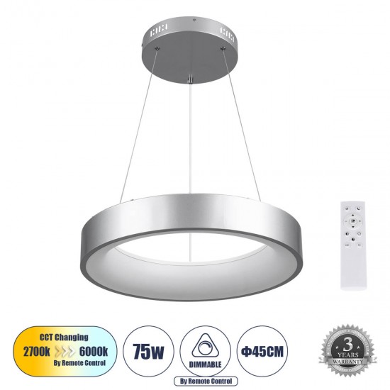 GloboStar® SALEM 61242 Κρεμαστή Πλαφονιέρα Οροφής Δαχτυλίδι-Κύκλος LED CCT 75W 8625lm 120° AC 220-240V - Εναλλαγή Φωτισμού μέσω Τηλεχειριστηρίου All In One Ψυχρό 6000k+Φυσικό 4500k+Θερμό 2700k Dimmable Φ45cm - Ασημί - 3 Years Warranty GloboStar® SALEM 61242 Κρεμαστή Πλαφονιέρα Οροφής Δαχτυλίδι-Κύκλος LED CCT 75W 8625lm 120° AC 220-240V - Εναλλαγή Φωτισμού μέσω Τηλεχειριστηρίου All In One Ψυχρό 6000k+Φυσικό 4500k+Θερμό 2700k Dimmable Φ45cm - Ασημί - 3 Years Warranty