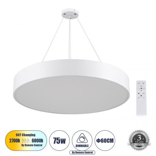 GloboStar® BURTON 61203-P Κρεμαστή Πλαφονιέρα Οροφής LED CCT 75W 8625lm 120° AC 220-240V - Εναλλαγή Φωτισμού μέσω Τηλεχειριστηρίου All In One Ψυχρό 6000k+Φυσικό 4500k+Θερμό 2700k Dimmable Φ60cm - Λευκό - 3 Years Warranty GloboStar® BURTON 61203-P Κρεμαστή Πλαφονιέρα Οροφής LED CCT 75W 8625lm 120° AC 220-240V - Εναλλαγή Φωτισμού μέσω Τηλεχειριστηρίου All In One Ψυχρό 6000k+Φυσικό 4500k+Θερμό 2700k Dimmable Φ60cm - Λευκό - 3 Years Warranty