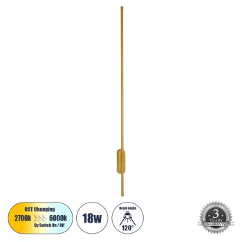 GloboStar® HARLEM 61336 Φωτιστικό Τοίχου - Απλίκα Design LED CCT 18W 2160lm 120° AC 220-240V - Εναλλαγή Φωτισμού μέσω Διακόπτη On/Off All In One Ψυχρό 6000k+Φυσικό 4500k+Θερμό 2700k Μ5 x Π4 x Υ120cm - Χρυσό - 3 Years Warranty