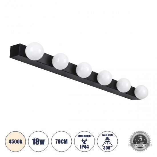 GloboStar® BELLA 60452 Μοντέρνο Φωτιστικό Τοίχου - Απλίκα Καθρέπτη Μπάνιου - Πίνακα LED 18W 2052lm 300° AC 220-240V IP44 Μ70 x Π11 x Υ6cm - Φυσικό Λευκό 4500K - Μαύρο - 3 Years Warranty