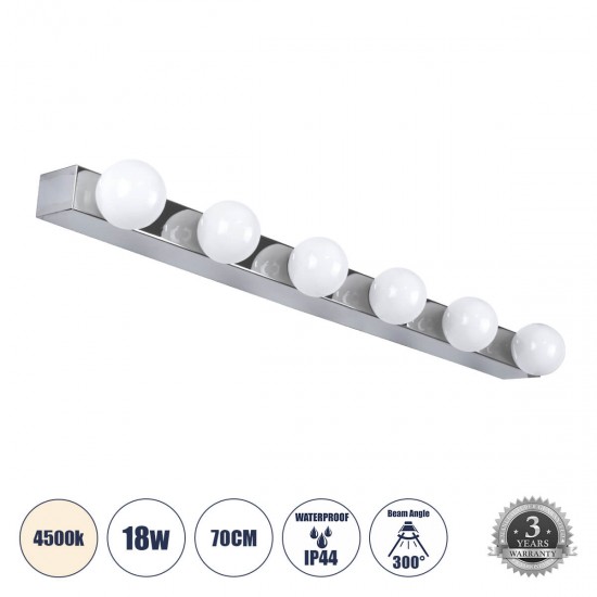 GloboStar® BELLA 60453 Μοντέρνο Φωτιστικό Τοίχου - Απλίκα Καθρέπτη Μπάνιου - Πίνακα LED 18W 2052lm 300° AC 220-240V IP44 Μ70 x Π11 x Υ6cm - Φυσικό Λευκό 4500K - Χρώμιο Νίκελ - 3 Years Warranty