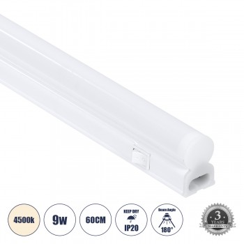 GloboStar® TUBO 60788 Γραμμικό Φωτιστικό Οροφής Linear LED Τύπου T5 Επεκτεινόμενο 9W 882lm 180° AC 220-240V IP20 Πάγκου Κουζίνας με Διακόπτη On/Off Μ60 x Π2.2 x Υ3.5cm Φυσικό Λευκό 4500K - Λευκό - 3 Years Warranty