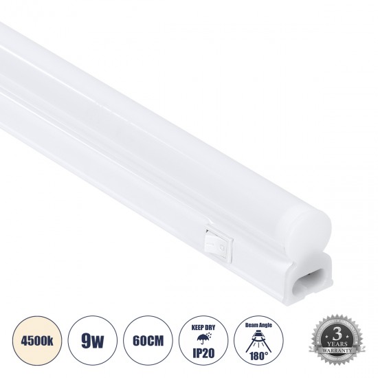 GloboStar® TUBO 60788 Γραμμικό Φωτιστικό Οροφής Linear LED Τύπου T5 Επεκτεινόμενο 9W 882lm 180° AC 220-240V IP20 Πάγκου Κουζίνας με Διακόπτη On/Off Μ60 x Π2.2 x Υ3.5cm Φυσικό Λευκό 4500K - Λευκό - 3 Years Warranty