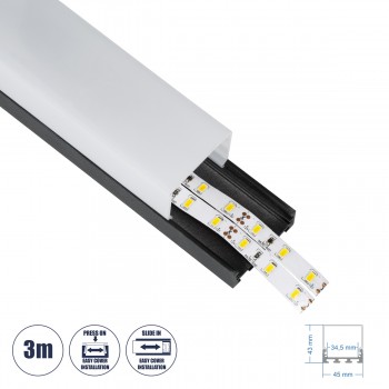 GloboStar® 70866-3M Επιφανειακό Προφίλ Αλουμινίου Μαύρο με Λευκό Οπάλ Κάλυμμα για έως 3 Σειρές Ταινίας LED Πατητό - Press On 3 Μέτρα