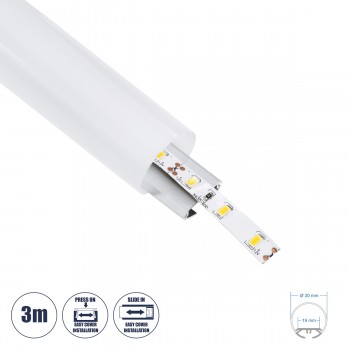 GloboStar® 70853-3M Κρεμαστό Προφίλ Αλουμινίου Ανοδιωμένο με Στρόγγυλο Λευκό Οπάλ Κάλυμμα για έως 2 Σειρές Ταινίας LED Πατητό - Press On 3 Μέτρα