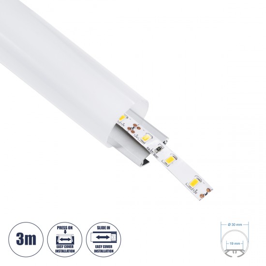 GloboStar® 70853-3M Κρεμαστό Προφίλ Αλουμινίου Ανοδιωμένο με Στρόγγυλο Λευκό Οπάλ Κάλυμμα για έως 2 Σειρές Ταινίας LED Πατητό - Press On 3 Μέτρα