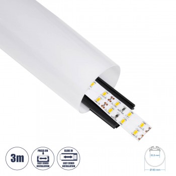 GloboStar® 70856-3M Κρεμαστό Προφίλ Αλουμινίου Μαύρο με Στρόγγυλο Λευκό Οπάλ Κάλυμμα για έως 3 Σειρές Ταινίας LED Πατητό - Press On 3 Μέτρα