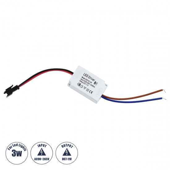 GloboStar® 73074 Πλαστικό Τροφοδοτικό SELV για Προϊόντα LED 3W - AC 220-240V σε DC 7-11V - IP20 L4.5 x W3 x H2.5cm - 3 Years Warranty