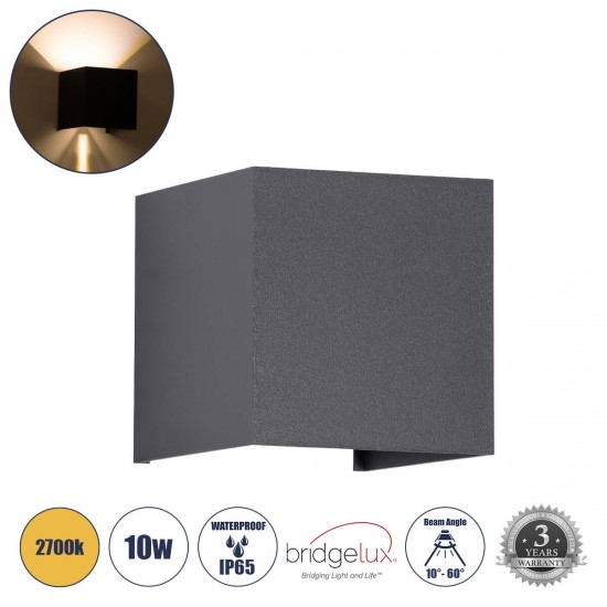 GloboStar® AXIS-S 60561 Φωτιστικό Τοίχου - Απλίκα Αρχιτεκτονικού Φωτισμού Εσωτερικού/Εξωτερικού Χώρου Up & Down LED 10W 1150lm 10 έως 60° AC 220-240V Αδιάβροχο IP65 Μ10 x Π10 x Υ10cm - Θερμό Λευκό 2700K - Γκρι Ανθρακί- Bridgelux Chip - 3 Years Warrant