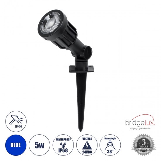 GloboStar® GARDENINI 61545 Καρφωτό Φωτιστικό Σποτ Κήπου LED 5W 550lm 38° DC 24V IP68 Υψηλής Αντοχής ABS IK06 Φ5.5 x Υ13.5cm - Μπλε 450nm Dimmable - Μαύρο - Bridgelux Chip - 3 Years Warranty GloboStar® GARDENINI 61545 Καρφωτό Φωτιστικό Σποτ Κήπου LED 5W 550lm 38° DC 24V IP68 Υψηλής Αντοχής ABS IK06 Φ5.5 x Υ13.5cm - Μπλε 450nm Dimmable - Μαύρο - Bridgelux Chip - 3 Years Warranty