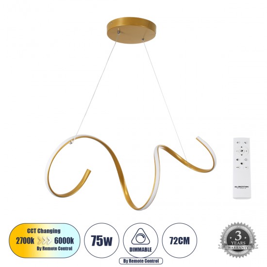 GloboStar® SPIRALE 61286 Κρεμαστό Φωτιστικό Οροφής Design LED CCT 75W 8400lm 300° AC 220-240V - Εναλλαγή Φωτισμού μέσω Τηλεχειριστηρίου All In One Ψυχρό 6000k+Φυσικό 4500k+Θερμό 2700k Dimmable Μ72 x Π25 x Υ18cm - Χρυσό Βούρτσας - 3 Years Warranty