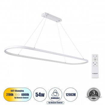 GloboStar® BOLIVAR 61272 Κρεμαστό Φωτιστικό Οροφής Design LED CCT 54W 6210lm 300° AC 220-240V - Εναλλαγή Φωτισμού μέσω Τηλεχειριστηρίου All In One Ψυχρό 6000k+Φυσικό 4500k+Θερμό 2700k Dimmable Μ120 x Π30 x Υ2cm - Λευκό - 3 Years Warranty