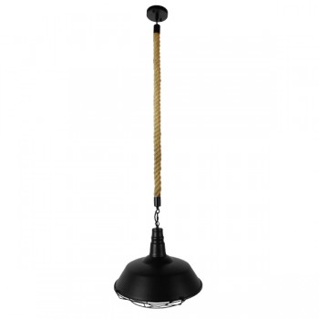 GloboStar® CRANE 01109 Vintage Industrial Κρεμαστό Φωτιστικό Οροφής Μονόφωτο 1 x E27 Μαύρο Μεταλλικό Καμπάνα Πλέγμα με Μπεζ Σχοινί Φ36 x Y25cm