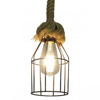 GloboStar® LAICO 01129 Vintage Κρεμαστό Φωτιστικό Οροφής Μονόφωτο 1 x E27 Μπρούτζινο Σκουριά Μεταλλικό Πλέγμα με Μπεζ Σχοινί Φ12 x Y100cm