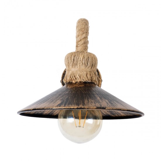 GloboStar® BRASSO 01132 Vintage Φωτιστικό Τοίχου Απλίκα Μονόφωτο 1 x E27 Καφέ Σκουριά Μεταλλικό Καμπάνα με Μπεζ Σχοινί Μ38 x Π26.7 x Υ22cm