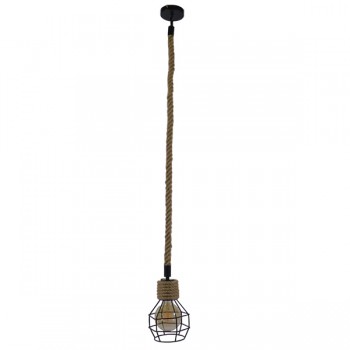 GloboStar® HELLET 01182 Vintage Industrial Κρεμαστό Φωτιστικό Οροφής Μονόφωτο 1 x E27 Μαύρο Μεταλλικό Πλέγμα με Μπεζ Σχοινί Φ16 x Y25cm
