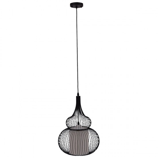 GloboStar® PANYA 01199 Μοντέρνο Κρεμαστό Φωτιστικό Οροφής Μονόφωτο Μαύρο Μεταλικό Πλέγμα με Υφασμάτινο Εσωτερικό Καπέλο Φ31 x Y42cm