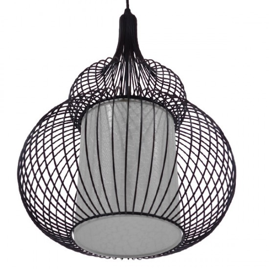 GloboStar® PANYA 01199 Μοντέρνο Κρεμαστό Φωτιστικό Οροφής Μονόφωτο Μαύρο Μεταλικό Πλέγμα με Υφασμάτινο Εσωτερικό Καπέλο Φ31 x Y42cm