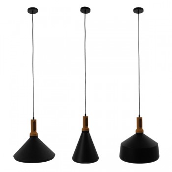 GloboStar® CALYPSO 01334 SET 3 Μοντέρνα Κρεμαστά Φωτιστικά Οροφής Τρίφωτο 3 x E27 Μαύρο - Χρυσό Μεταλλικά με Ξύλινη Βάση Καμπάνα