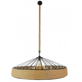 GloboStar® SAHARA 01416 Vintage Κρεμαστό Φωτιστικό Οροφής Μονόφωτο 1 x E27 Μαύρο Μεταλλικό με Μπεζ Σχοινί Φ80 x Υ25cm