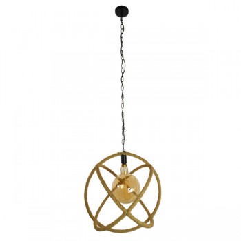 GloboStar® BELLE 01597 Vintage Κρεμαστό Φωτιστικό Οροφής Μονόφωτο 1 x E27 Μπεζ Μεταλλικό με Σχοινί Φ56 x Υ58cm