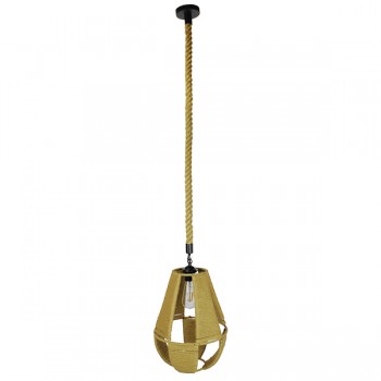 GloboStar® POLIA 01608 Vintage Κρεμαστό Φωτιστικό Οροφής Μονόφωτο 1 x E27 Πλέγμα με Μπεζ Σχοινί Φ30 x Υ42cm