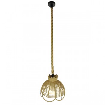 GloboStar® VENIER 01610 Vintage Κρεμαστό Φωτιστικό Οροφής Μονόφωτο 1 x E27 Πλέγμα με Μπεζ Σχοινί Φ34 x Υ26cm