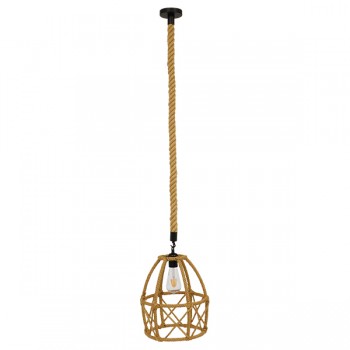 GloboStar® TELAN 01615 Vintage Κρεμαστό Φωτιστικό Οροφής Μονόφωτο 1 x E27 Πλέγμα με Μπεζ Σχοινί Φ30 x Υ38cm