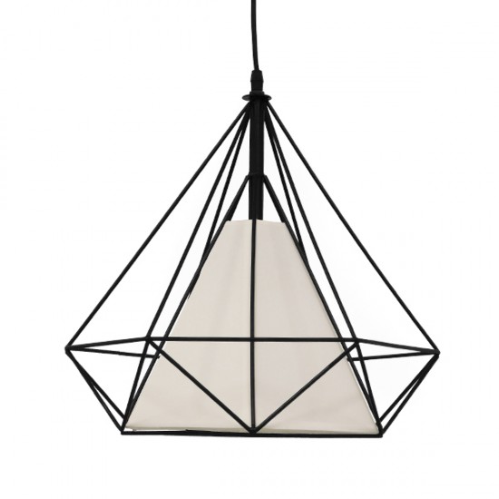GloboStar® KAIRI 01618 Μοντέρνο Industrial Κρεμαστό Φωτιστικό Οροφής Μονόφωτο 1 x E27 Μαύρο με Άσπρο Ύφασμα Μεταλλικό Πλέγμα Φ38 x Υ39cm