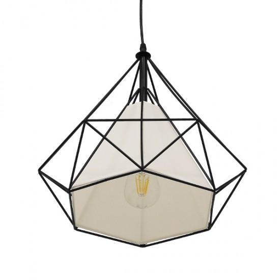 GloboStar® KAIRI 01618 Μοντέρνο Industrial Κρεμαστό Φωτιστικό Οροφής Μονόφωτο 1 x E27 Μαύρο με Άσπρο Ύφασμα Μεταλλικό Πλέγμα Φ38 x Υ39cm