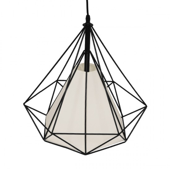GloboStar® KAIRI 01618 Μοντέρνο Industrial Κρεμαστό Φωτιστικό Οροφής Μονόφωτο 1 x E27 Μαύρο με Άσπρο Ύφασμα Μεταλλικό Πλέγμα Φ38 x Υ39cm