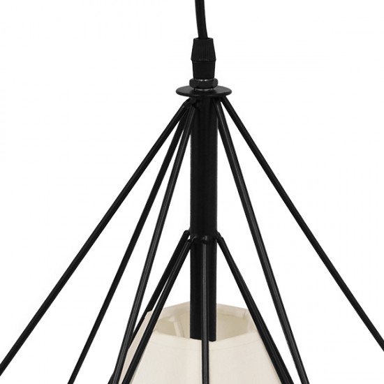 GloboStar® KAIRI 01618 Μοντέρνο Industrial Κρεμαστό Φωτιστικό Οροφής Μονόφωτο 1 x E27 Μαύρο με Άσπρο Ύφασμα Μεταλλικό Πλέγμα Φ38 x Υ39cm